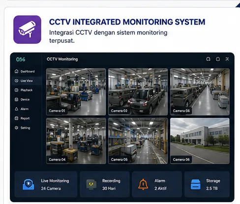 CCTV Integrated Monitoring System dashboard mockup showing a multi-camera live view from multiple locations