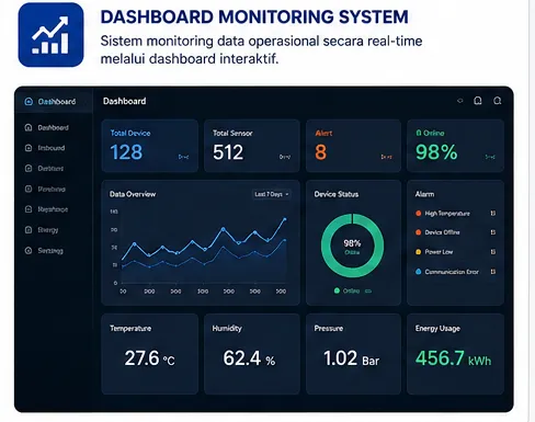 Dashboard Monitoring System mockup showing device status, sensors, and energy usage in real time