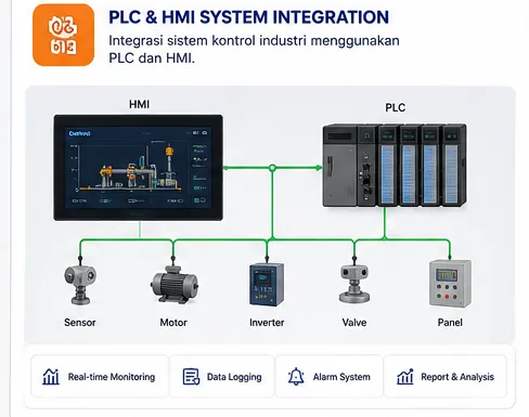 PLC & HMI System Integration diagram connecting the HMI with sensors, motors, inverters, valves, and control panels