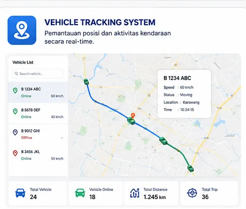 Vehicle Tracking System map mockup showing vehicle positions, routes, and fleet status in real time